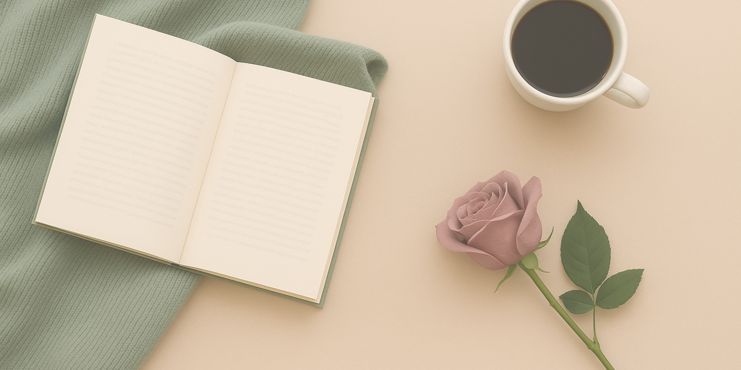 Cozy reading setup with book, a pink rose, and a cup of coffee